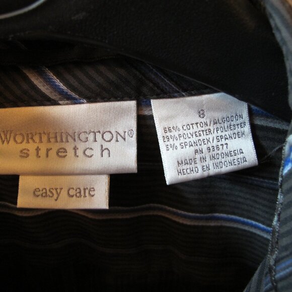 Worthington Button Up Blouse Gray with Blue/White stripes FITTED. - Picture 3 of 7